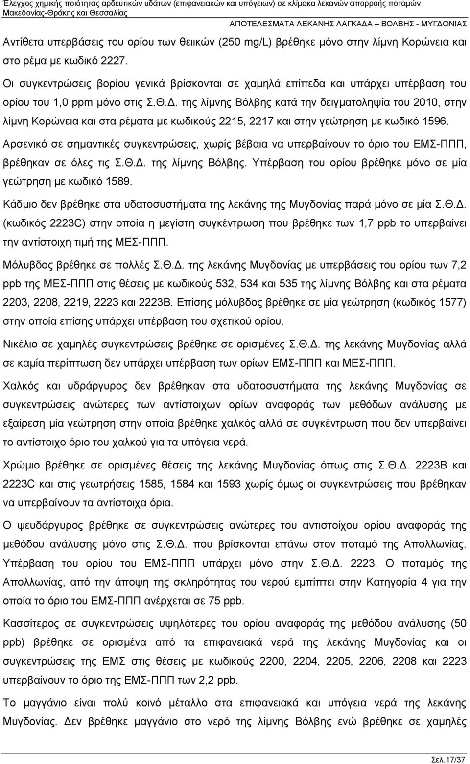 της λίμνης Βόλβης κατά την δειγματοληψία του 2010, στην λίμνη Κορώνεια και στα ρέματα με κωδικούς 2215, 2217 και στην γεώτρηση με κωδικό 1596.