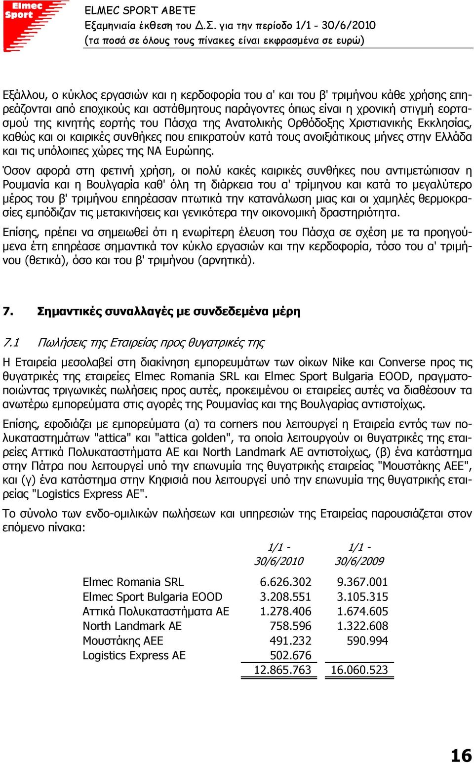 για την περίοδο Εξάλλου, ο κύκλος εργασιών και η κερδοφορία του α' και του β' τριµήνου κάθε χρήσης επηρεάζονται από εποχικούς και αστάθµητους παράγοντες όπως είναι η χρονική στιγµή εορτασµού της