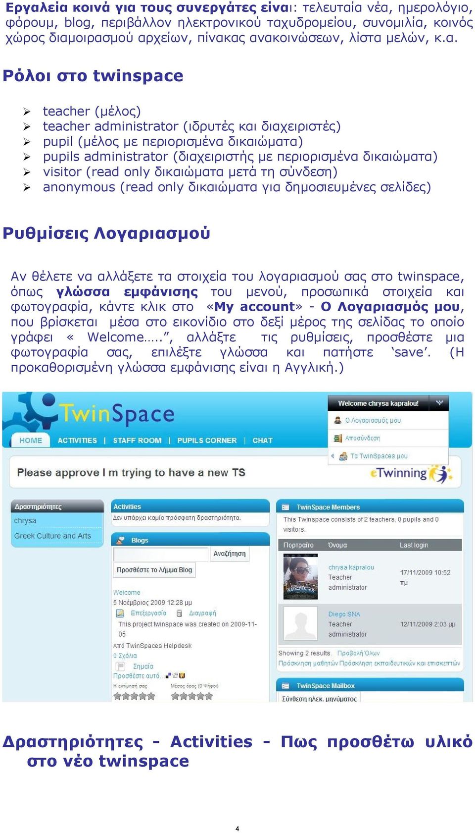 Ρόλοι στο twinspace teacher (μέλος) teacher administrator (ιδρυτές και διαχειριστές) pupil (μέλος με περιορισμένα δικαιώματα) pupils administrator (διαχειριστής με περιορισμένα δικαιώματα) visitor