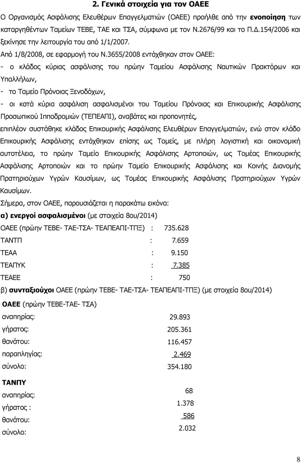 3655/2008 εντάχθηκαν στον ΟΑΕΕ: - ο κλάδος κύριας ασφάλισης του πρώην Ταμείου Ασφάλισης Ναυτικών Πρακτόρων και Υπαλλήλων, - το Ταμείο Πρόνοιας Ξενοδόχων, - οι κατά κύρια ασφάλιση ασφαλισμένοι του