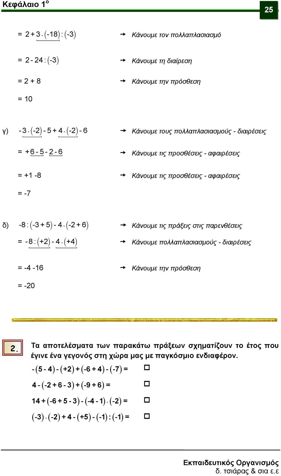 παρενθέσεις -8:( +2) -4 ( +4) Κάνουμε πολλαπλασιασμούς - διαιρέσεις -4-6 Κάνουμε την πρόσθεση -20 2.