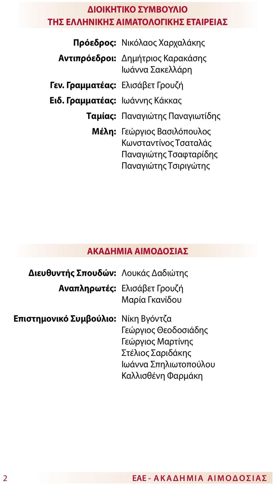 Γραμματέας: Ιωάννης Κάκκας Ταμίας: Παναγιώτης Παναγιωτίδης Μέλη: Γεώργιος Βασιλόπουλος Κωνσταντίνος Τσαταλάς Παναγιώτης Τσαφταρίδης Παναγιώτης