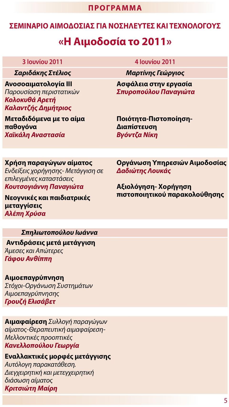 αίματος Ενδείξεις χορήγησης- Μετάγγιση σε επιλεγμένες καταστάσεις Κουτσογιάννη Παναγιώτα Νεογνικές και παιδιατρικές μεταγγίσεις Αλέπη Χρύσα Οργάνωση Υπηρεσιών Αιμοδοσίας Δαδιώτης Λουκάς Αξιολόγηση-