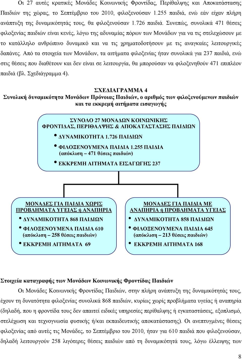 Συνεπώς, συνολικά 471 θέσεις φιλοξενίας παιδιών είναι κενές, λόγω της αδυναμίας πόρων των Μονάδων για να τις στελεχώσουν με το κατάλληλο ανθρώπινο δυναμικό και να τις χρηματοδοτήσουν με τις αναγκαίες