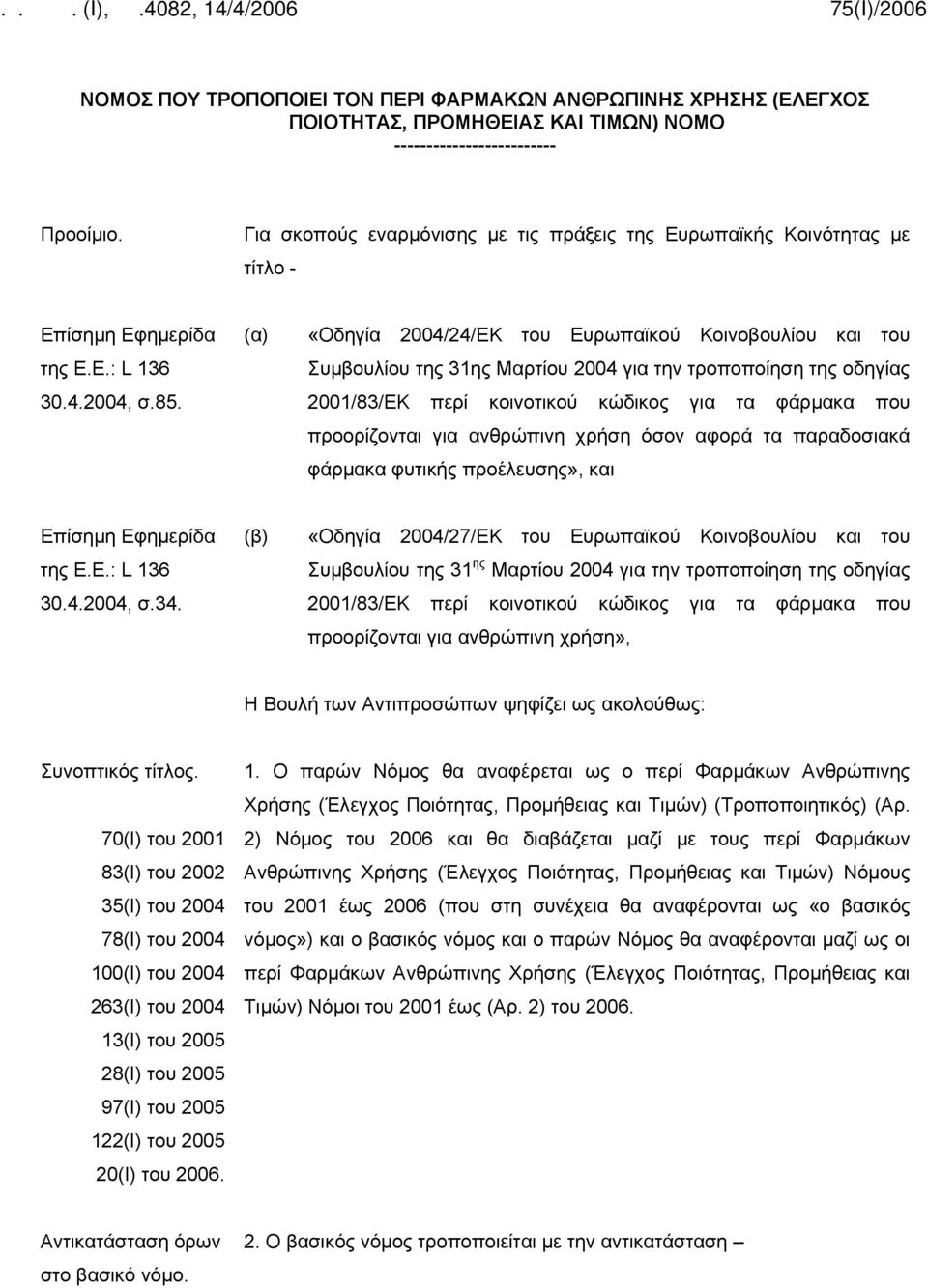 (α) «Οδηγία 2004/24/ΕΚ του Ευρωπαϊκού Κοινοβουλίου και του Συμβουλίου της 31ης Μαρτίου 2004 για την τροποποίηση της οδηγίας 2001/83/ΕΚ περί κοινοτικού κώδικος για τα φάρμακα που προορίζονται για