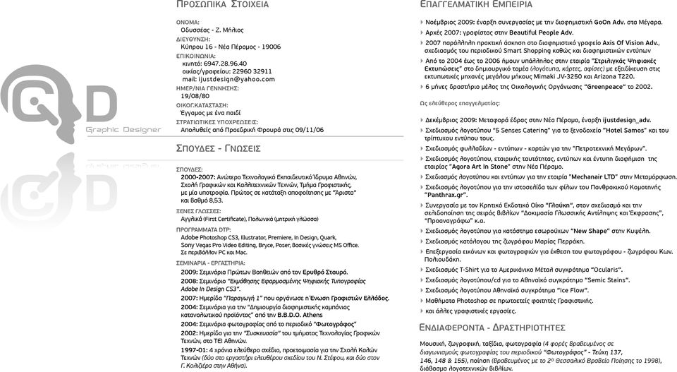 ΚΑΤΑΣΤΑΣΗ: Έγγαμος με ένα παιδί ΣΤΡΑΤΙΩΤΙΚΕΣ ΥΠΟΧΡΕΩΣΕΙΣ: Απολυθείς από Πρoεδρική Φρουρά στις 09/11/06 ΣΠΟΥ ΕΣ - ΓΝΩΣΕΙΣ ΣΠΟΥ ΕΣ: 2000-2007: Ανώτερο Τεχνολογικό Εκπαιδευτικό Ίδρυμα Αθηνών, Σχολή