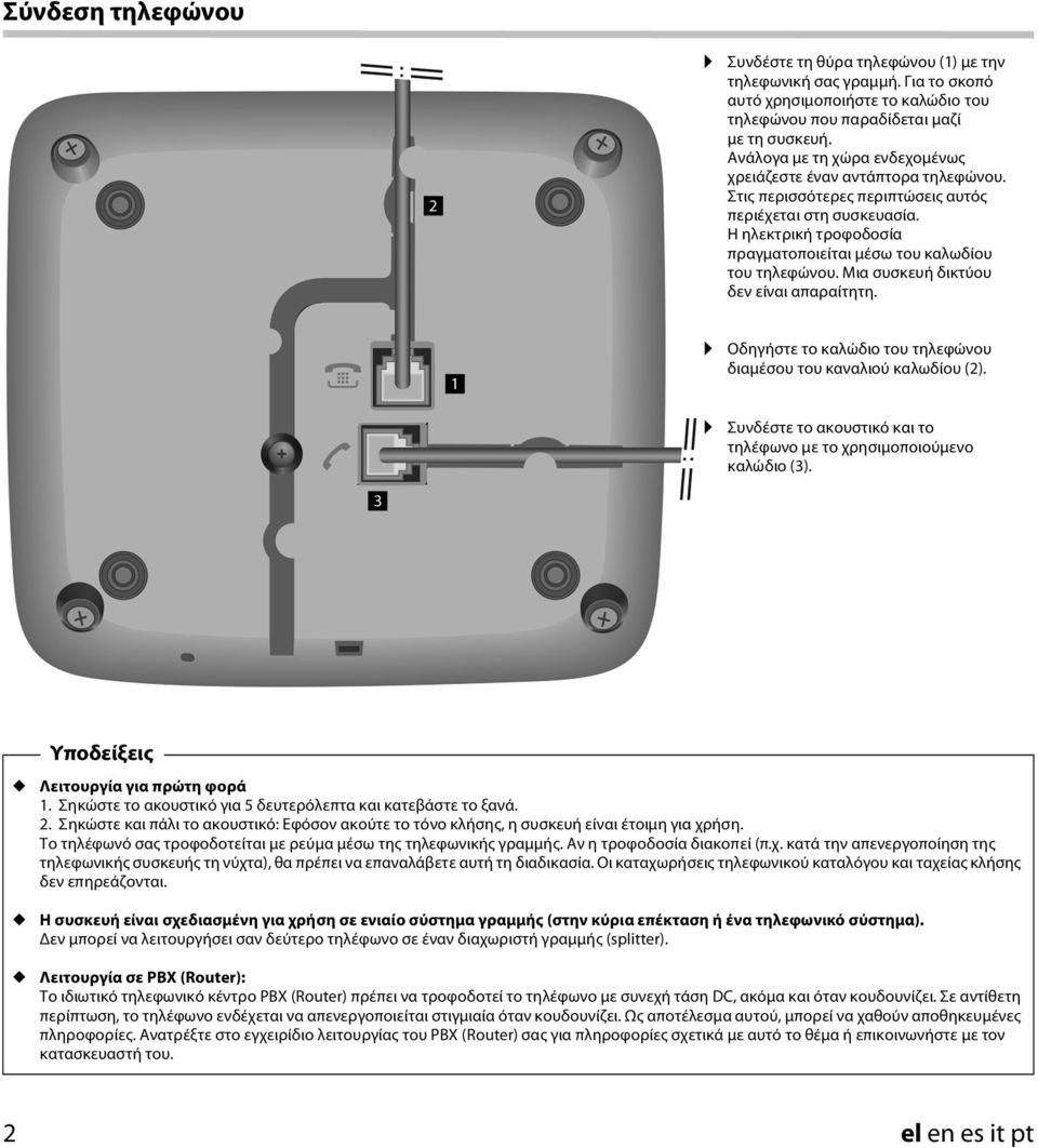 Η ηλεκτρικ τροφοδοσία πραγματοποιείται μέσω του καλωδίου του τηλεφώνου. Μια συσκευ δικτύου δεν είναι απαραίτητη. Οδηγστε το καλώδιο του τηλεφώνου διαμέσου του καναλιού καλωδίου (2).