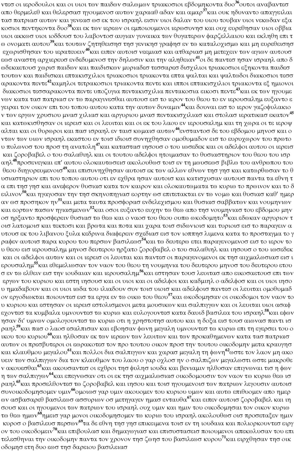 ακκωσ υιοι ιοδδουσ του λαβοντοσ αυγιαν γυναικα των θυγατερων φαρζελλαιου και εκληθη επι τ ω ονοµατι αυτου 39 και τουτων ζητηθεισησ τησ γενικησ γραφησ εν τω καταλοχισµω και µη ευρεθεισησ εχωρισθησαν