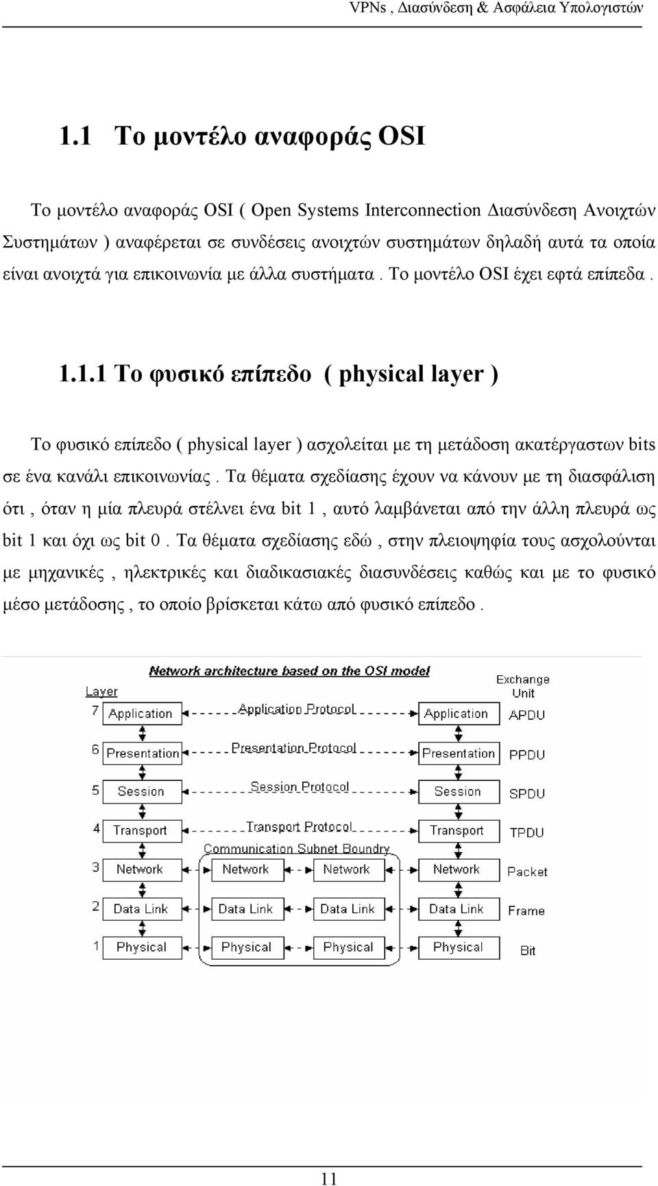 1.1 Το φυσικό επίπεδο ( physical layer ) Το φυσικό επίπεδο ( physical layer ) ασχολείται με τη μετάδοση ακατέργαστων bits σε ένα κανάλι επικοινωνίας.