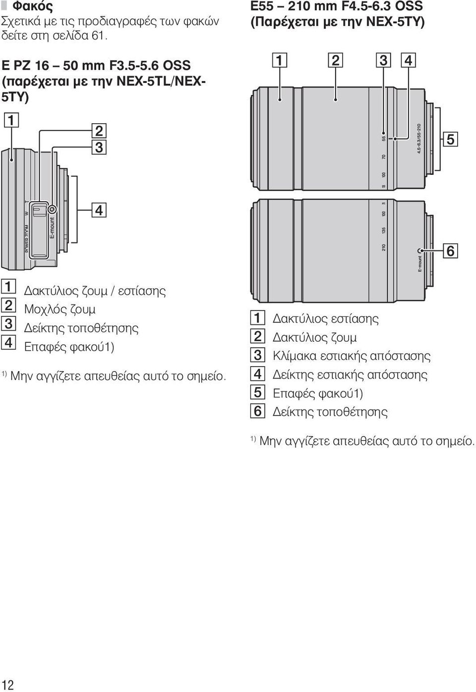 6 OSS (παρέχεται με την NEX-5TL/NEX- 5TY) A Δακτύλιος ζουμ / εστίασης B Μοχλός ζουμ C Δείκτης τοποθέτησης D Επαφές