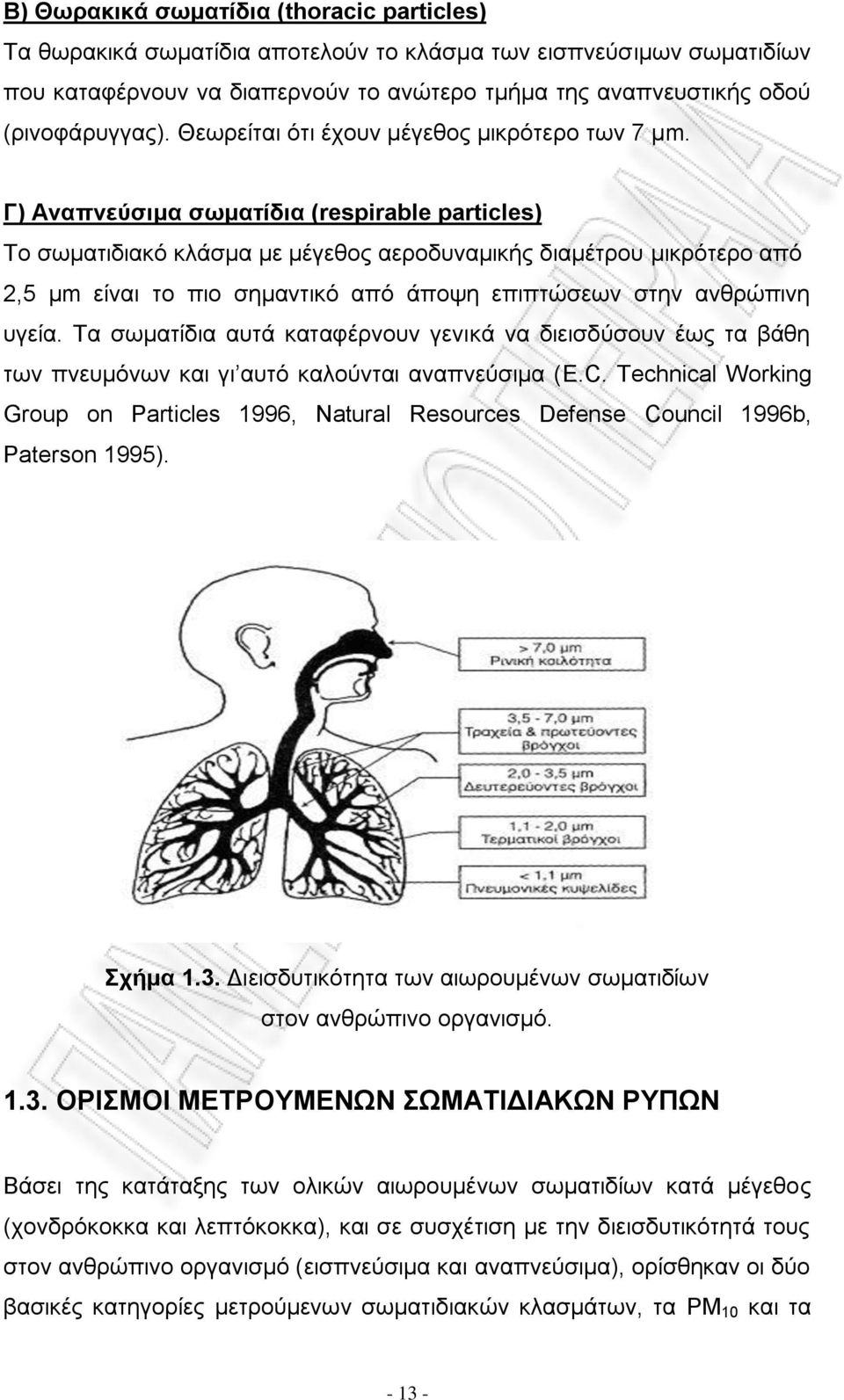 Γ) Αναπνεύσιμα σωματίδια (respirable particles) Το σωματιδιακό κλάσμα με μέγεθος αεροδυναμικής διαμέτρου μικρότερο από 2,5 μm είναι το πιο σημαντικό από άποψη επιπτώσεων στην ανθρώπινη υγεία.