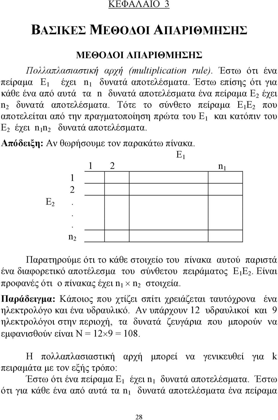 Τότε το σύνθετο πείραμα Ε 1 Ε που αποτελείται από την πραγματοποίηση πρώτα του Ε 1 και κατόπιν του Ε έχει 1 δυνατά αποτελέσματα. Απόδειξη: Αν θωρήσουμε τον παρακάτω πίνακα. E 1 1 1 1 Ε.