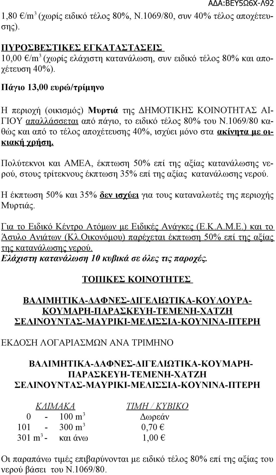 1069/80 καθώς και από το τέλος αποχέτευσης 40%, ισχύει μόνο στα ακίνητα με οικιακή χρήση.