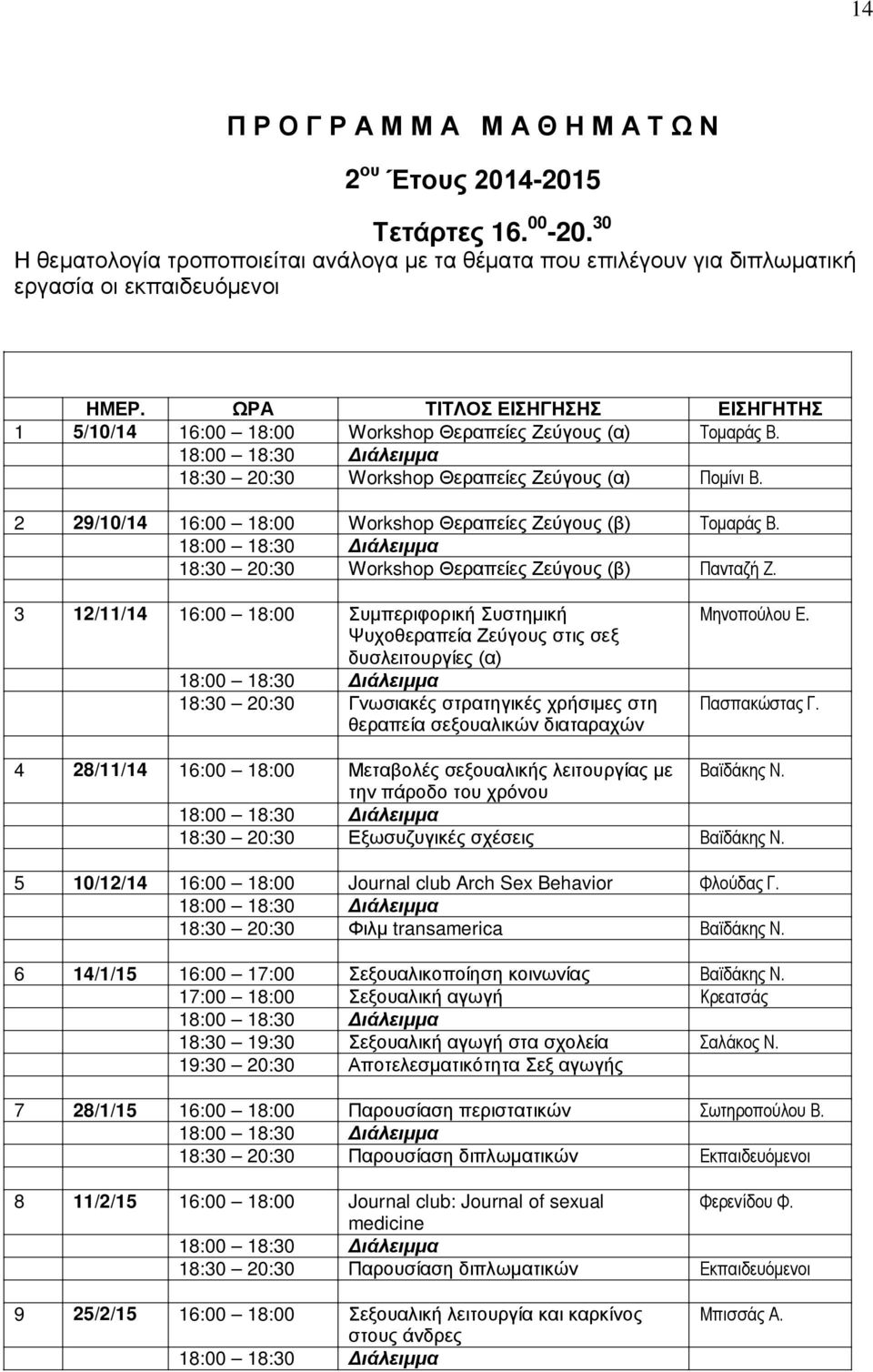 2 29/10/14 16:00 18:00 Workshop Θεραπείες Ζεύγους (β) Τομαράς Β. 18:30 20:30 Workshop Θεραπείες Ζεύγους (β) Πανταζή Ζ.