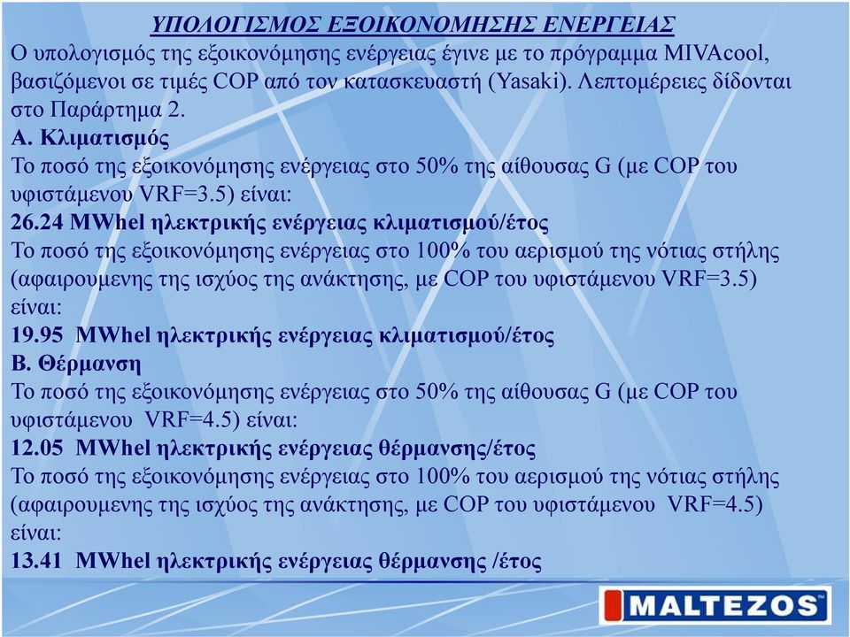 24 MWhel ηλεκτρικής ενέργειας κλιματισμού/έτος Το ποσό της εξοικονόμησης ενέργειας στο 100% του αερισμού της νότιας στήλης (αφαιρουμενης της ισχύος της ανάκτησης, με COP του υφιστάμενου VRF=3.