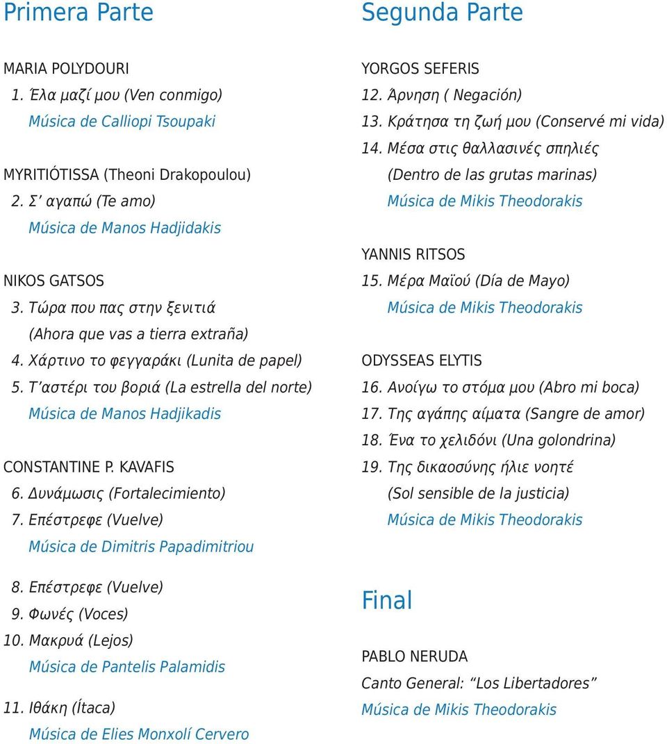 Δυνάμωσις (Fortalecimiento) 7. Επέστρεφε (Vuelve) Música de Dimitris Papadimitriou 8. Επέστρεφε (Vuelve) 9. Φωνές (Voces) 10. Μακρυά (Lejos) Música de Pantelis Palamidis 11.