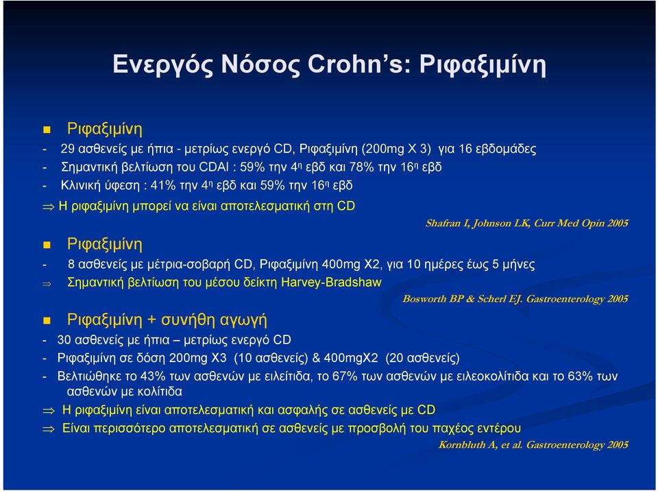 400mg X2, για 10 ημέρες έως 5 μήνες ΣημαντικήβελτίωσητουμέσουδείκτηHarvey-Bradshaw Ριφαξιμίνη + συνήθη αγωγή - 30 ασθενείς με ήπια μετρίως ενεργό CD - Ριφαξιμίνη σε δόση 200mg X3 (10 ασθενείς) &