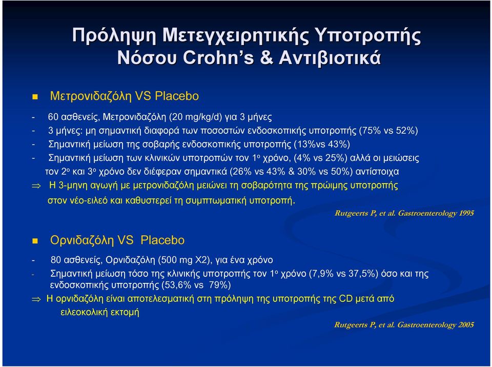 3 ο χρόνο δεν διέφεραν σημαντικά (26% vs 43% & 30% vs 50%) αντίστοιχα Η 3-μηνη αγωγή με μετρονιδαζόλη μειώνει τη σοβαρότητα της πρώιμης υποτροπής στον νέο-ειλεό και καθυστερεί τη συμπτωματική