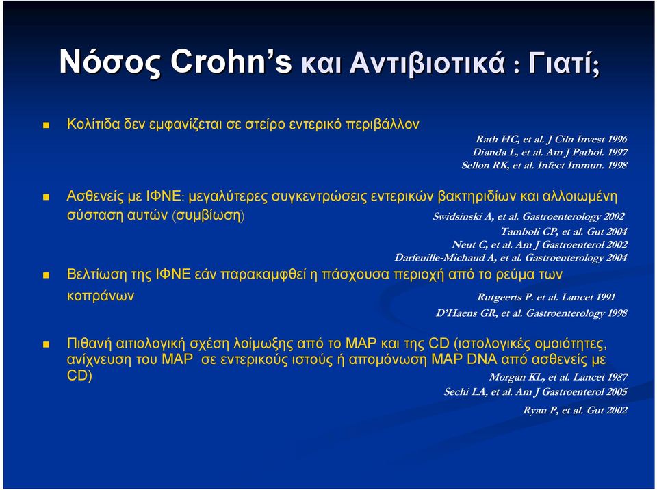 Am J Gastroenterol 2002 Darfeuille-Michaud A, et al. Gastroenterology 2004 Βελτίωση της ΙΦΝΕ εάν παρακαμφθεί η πάσχουσα περιοχή από το ρεύμα των κοπράνων Rutgeerts P. et al. Lancet 1991 D Haens GR, et al.