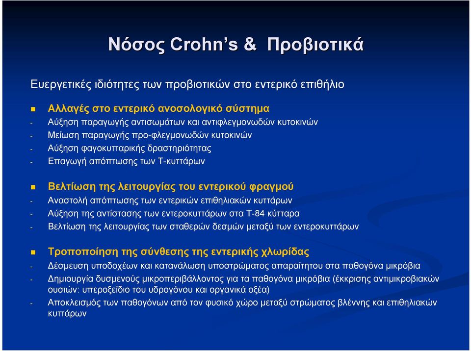 επιθηλιακών κυττάρων - Αύξηση της αντίστασης των εντεροκυττάρων στα Τ-84 κύτταρα - Βελτίωση της λειτουργίας των σταθερών δεσμών μεταξύ των εντεροκυττάρων Τροποποίηση της σύνθεσης της εντερικής