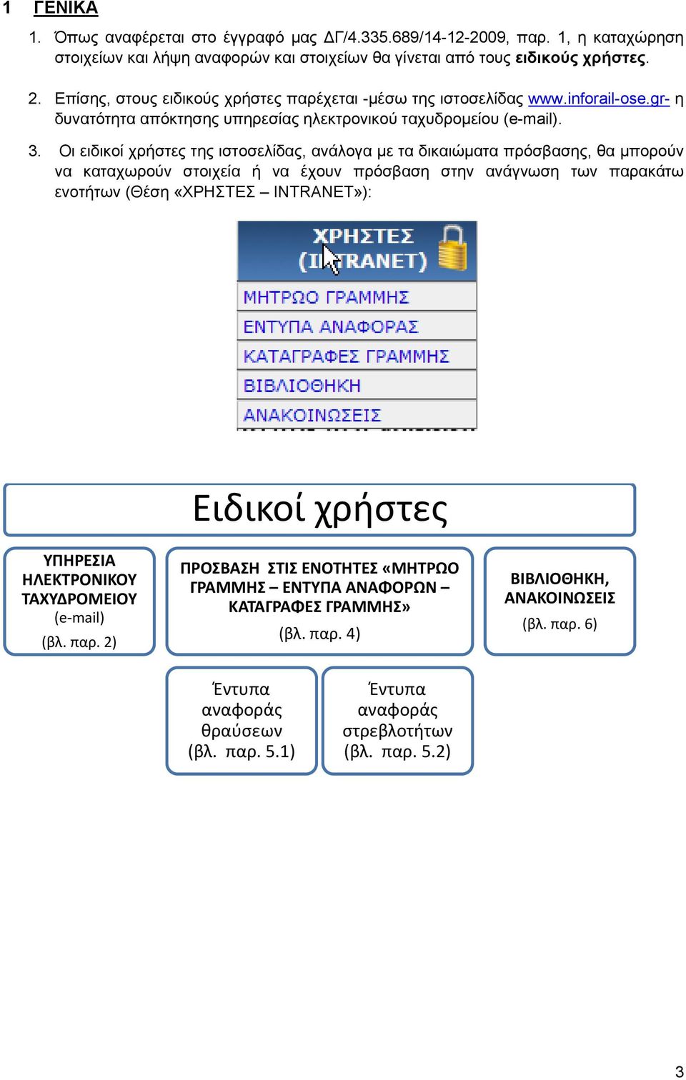 Οι ειδικοί χρήστες της ιστοσελίδας, ανάλογα με τα δικαιώματα πρόσβασης, θα μπορούν να καταχωρούν στοιχεία ή να έχουν πρόσβαση στην ανάγνωση των παρακάτω ενοτήτων (Θέση «ΧΡΗΣΤΕΣ INTRANET»): Ειδικοί