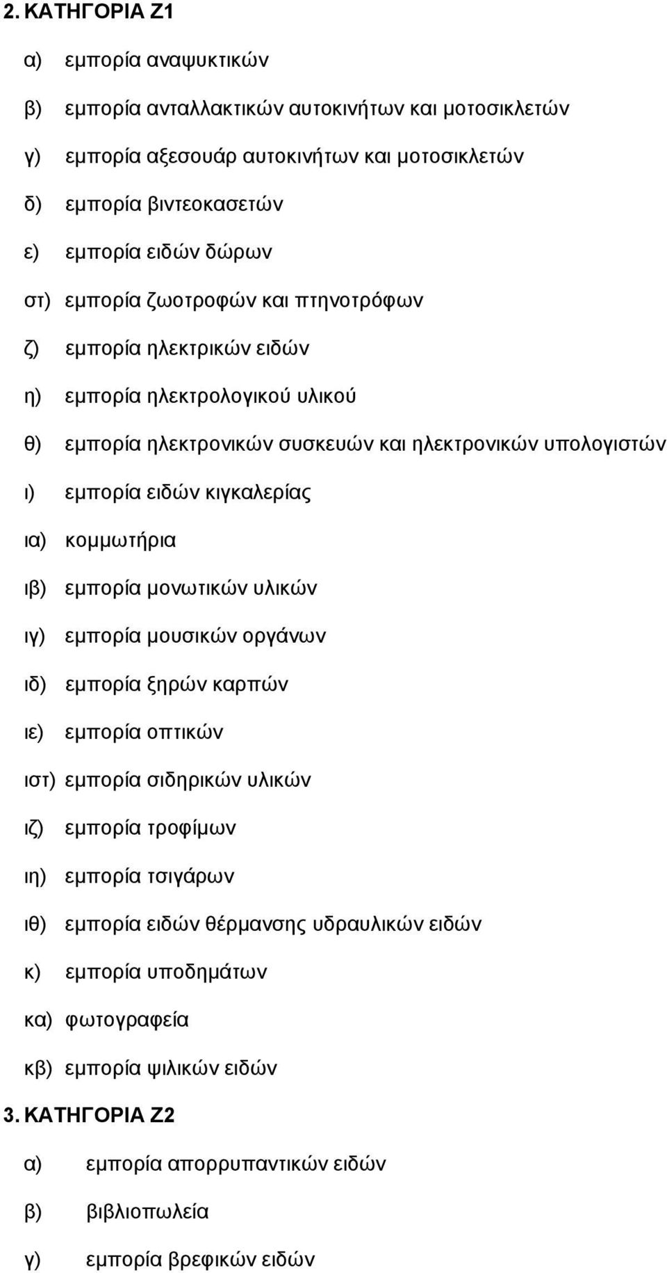 ια) κοµµωτήρια ιβ) εµπορία µονωτικών υλικών ιγ) εµπορία µουσικών οργάνων ιδ) εµπορία ξηρών καρπών ιε) εµπορία οπτικών ιστ) εµπορία σιδηρικών υλικών ιζ) εµπορία τροφίµων ιη) εµπορία τσιγάρων