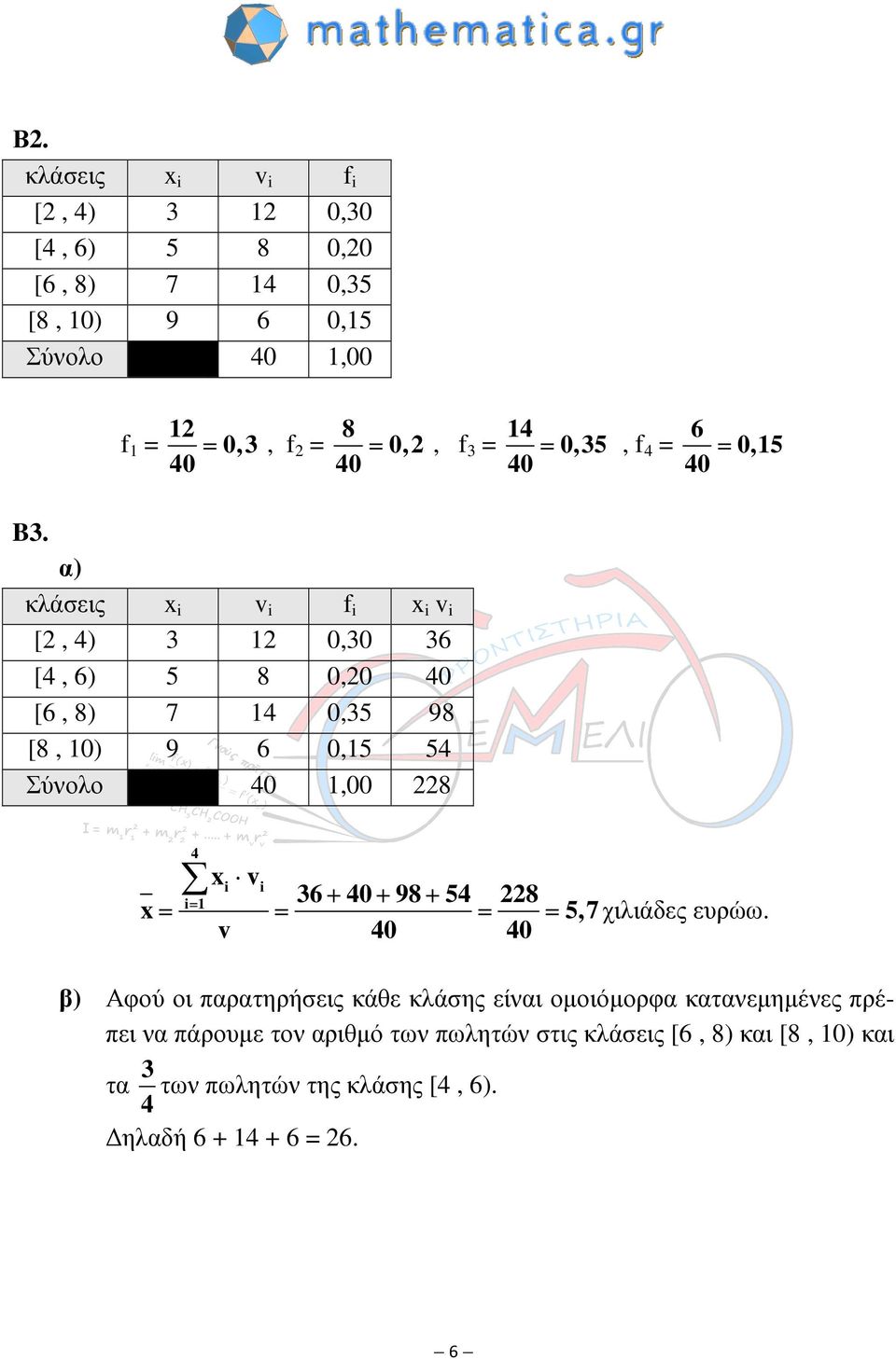 α) κλάσεις v f v [, 4) 3 0,30 36 [4, 6) 5 8 0,0 40 [6, 8) 7 4 0,35 98 [8, 0) 9 6 0,5 54 Σύνολο 40,00 8 4 v 36+ 40+ 98+ 54 8 = = =