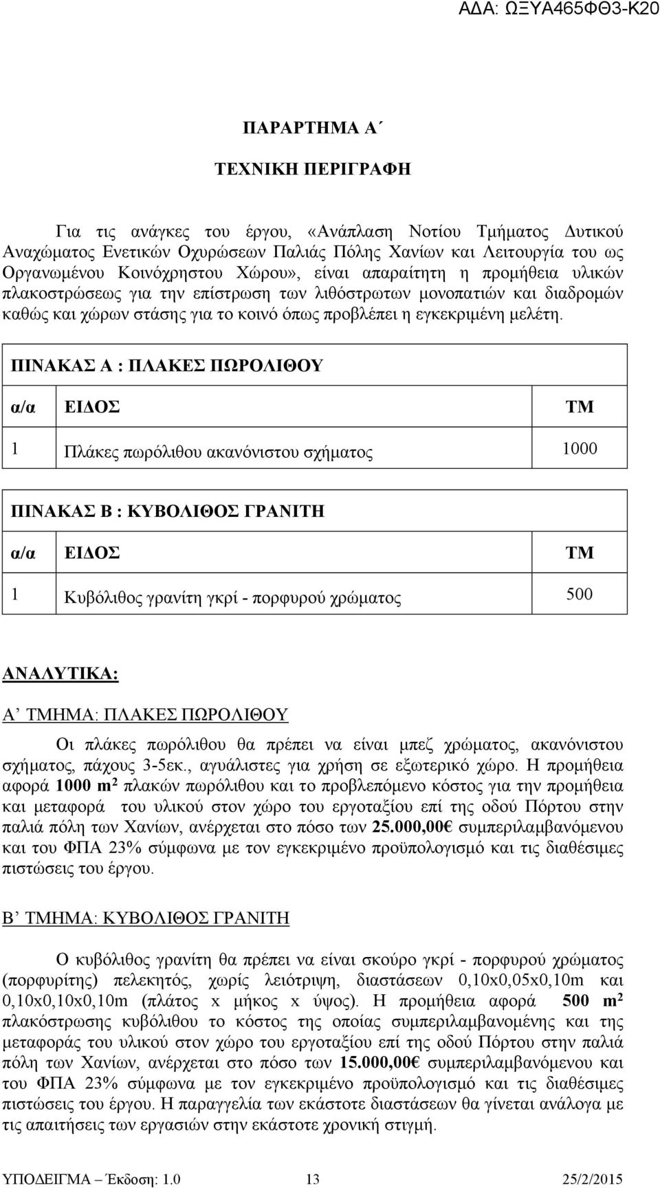 ΠΙΝΑΚΑΣ Α : ΠΛΑΚΕΣ ΠΩΡΟΛΙΘΟΥ α/α ΕΙΔΟΣ ΤΜ 1 Πλάκες πωρόλιθου ακανόνιστου σχήματος 1000 ΠΙΝΑΚΑΣ Β : ΚΥΒΟΛΙΘΟΣ ΓΡΑΝΙΤΗ α/α ΕΙΔΟΣ ΤΜ 1 Κυβόλιθος γρανίτη γκρί - πορφυρού χρώματος 500 ΑΝΑΛΥΤΙΚΑ: Α ΤΜΗΜΑ: