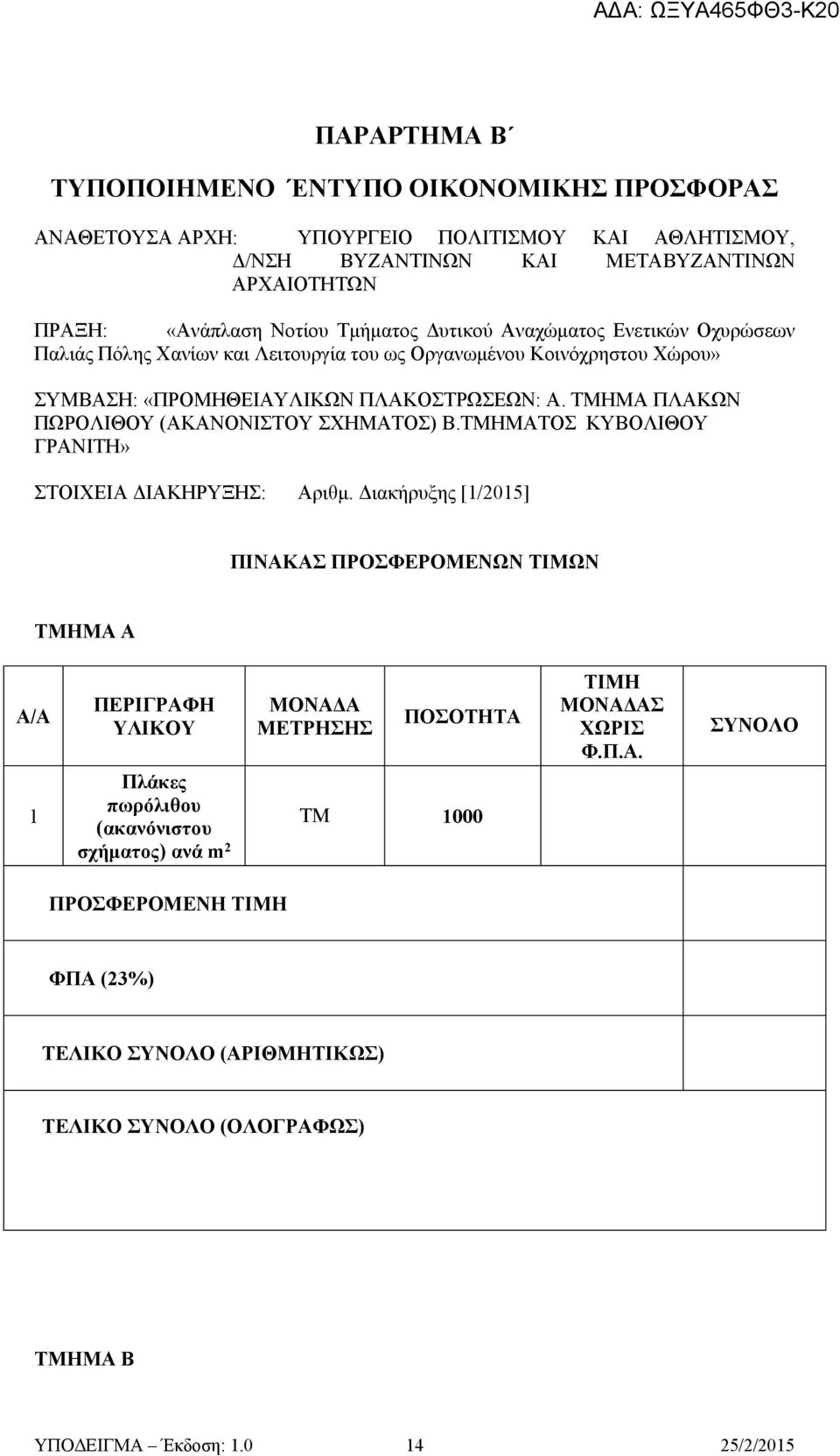 ΤΜΗΜΑ ΠΛΑΚΩΝ ΠΩΡΟΛΙΘΟΥ (ΑΚΑΝΟΝΙΣΤΟΥ ΣΧΗΜΑΤΟΣ) Β.ΤΜΗΜΑΤΟΣ ΚΥΒΟΛΙΘΟΥ ΓΡΑΝΙΤΗ» ΣΤΟΙΧΕΙΑ ΔΙΑΚΗΡΥΞΗΣ: Αριθμ.