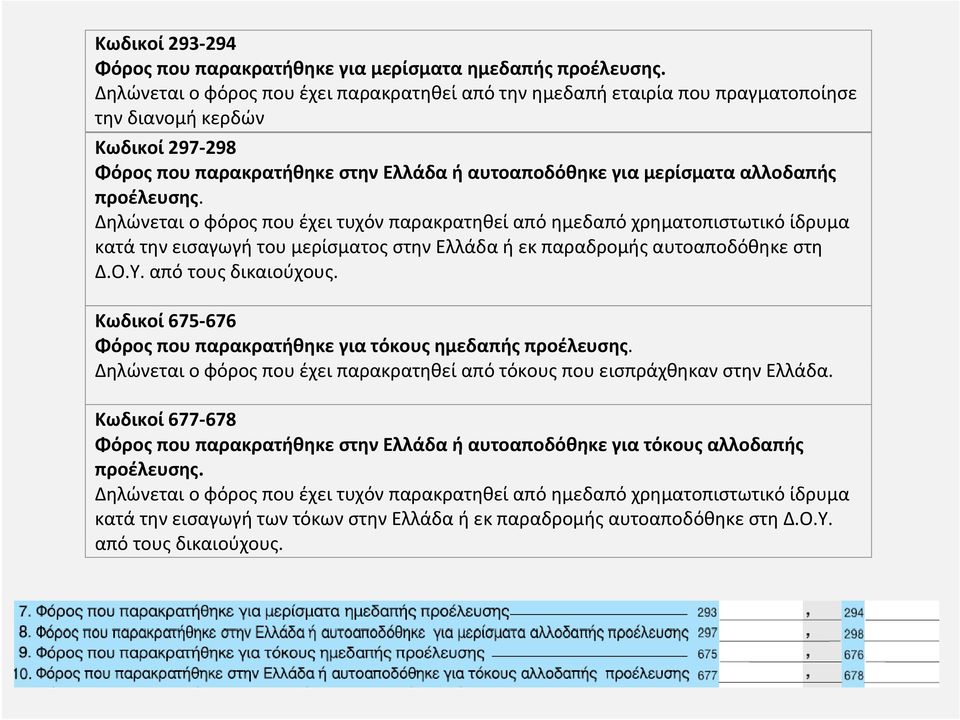 προέλευσης. Δηλώνεται ο φόρος που έχει τυχόν παρακρατηθεί από ημεδαπό χρηματοπιστωτικό ίδρυμα κατά την εισαγωγή του μερίσματος στην Ελλάδα ή εκ παραδρομής αυτοαποδόθηκε στη Δ.Ο.Υ.