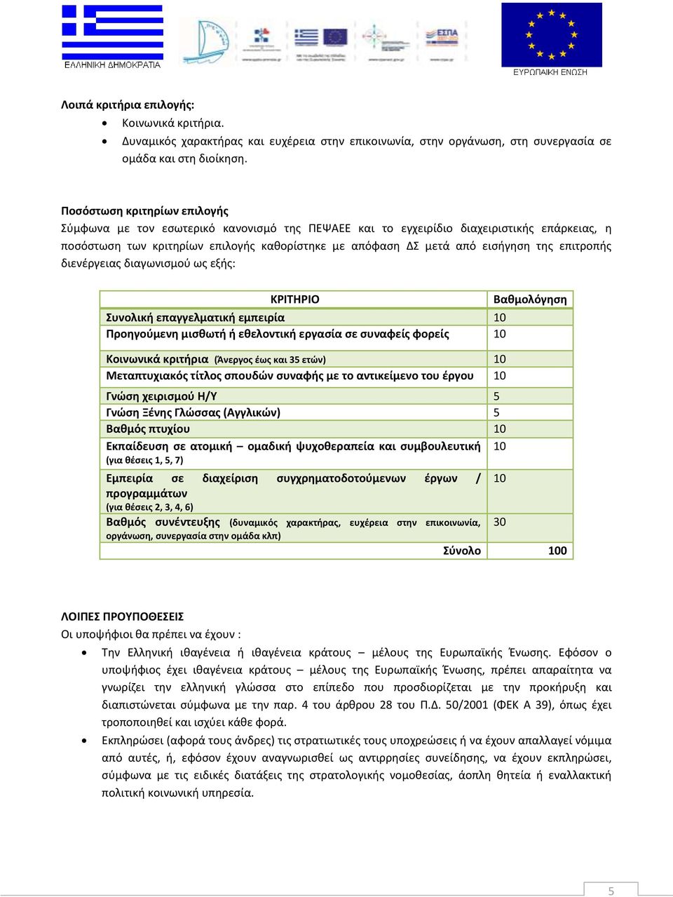 της επιτροπής διενέργειας διαγωνισμού ως εξής: ΚΡΙΤΗΡΙΟ Συνολική επαγγελματική εμπειρία 0 Προηγούμενη μισθωτή ή εθελοντική εργασία σε συναφείς φορείς 0 Κοινωνικά κριτήρια (Άνεργος έως και 3 ετών) 0