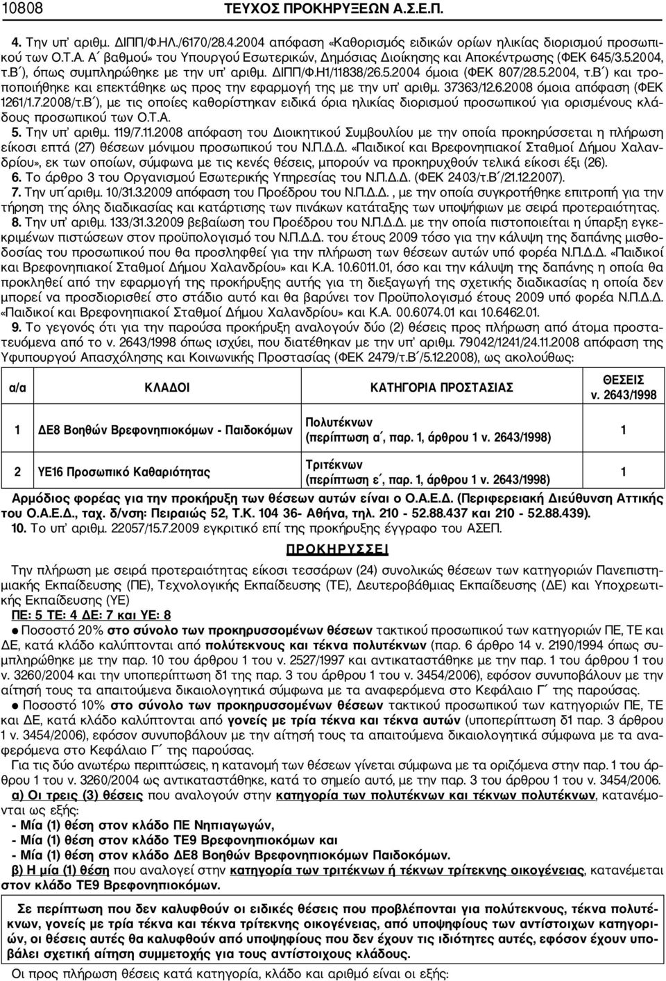 7.2008/τ.Β ), με τις οποίες καθορίστηκαν ειδικά όρια ηλικίας διορισμού προσωπικού για ορισμένους κλά δους προσωπικού των Ο.Τ.Α. 5. Την υπ αριθμ. 119