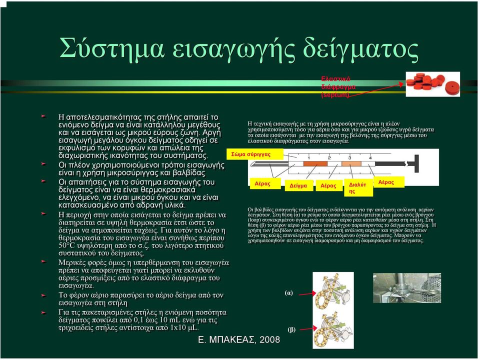 Σώµα σύριγγας Οι πλέον χρησιµοποιούµενοι τρόποι εισαγωγής είναι η χρήση µικροσύριγγας και βαλβίδας Οι απαιτήσεις για το σύστηµα εισαγωγής του δείγµατος είναι να είναι θερµοκρασιακά ελεγχόµενο, να