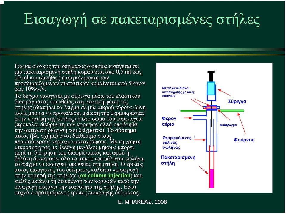 Το δείγµα εισάγεται µε σύριγγαµέσω του ελαστικού διαφράγµατος απευθείας στη στατική φάση της στήλης (διατηρεί το δείγµα σεµία µικρού εύρους ζώνη αλλά µπορεί να προκαλέσει µείωση της θερµοκρασίας στην