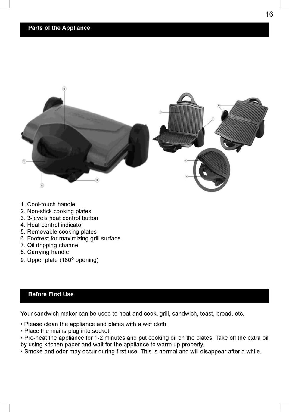 Upper plate (180 o opening) Before First Use Your sandwich maker can be used to heat and cook, grill, sandwich, toast, bread, etc.