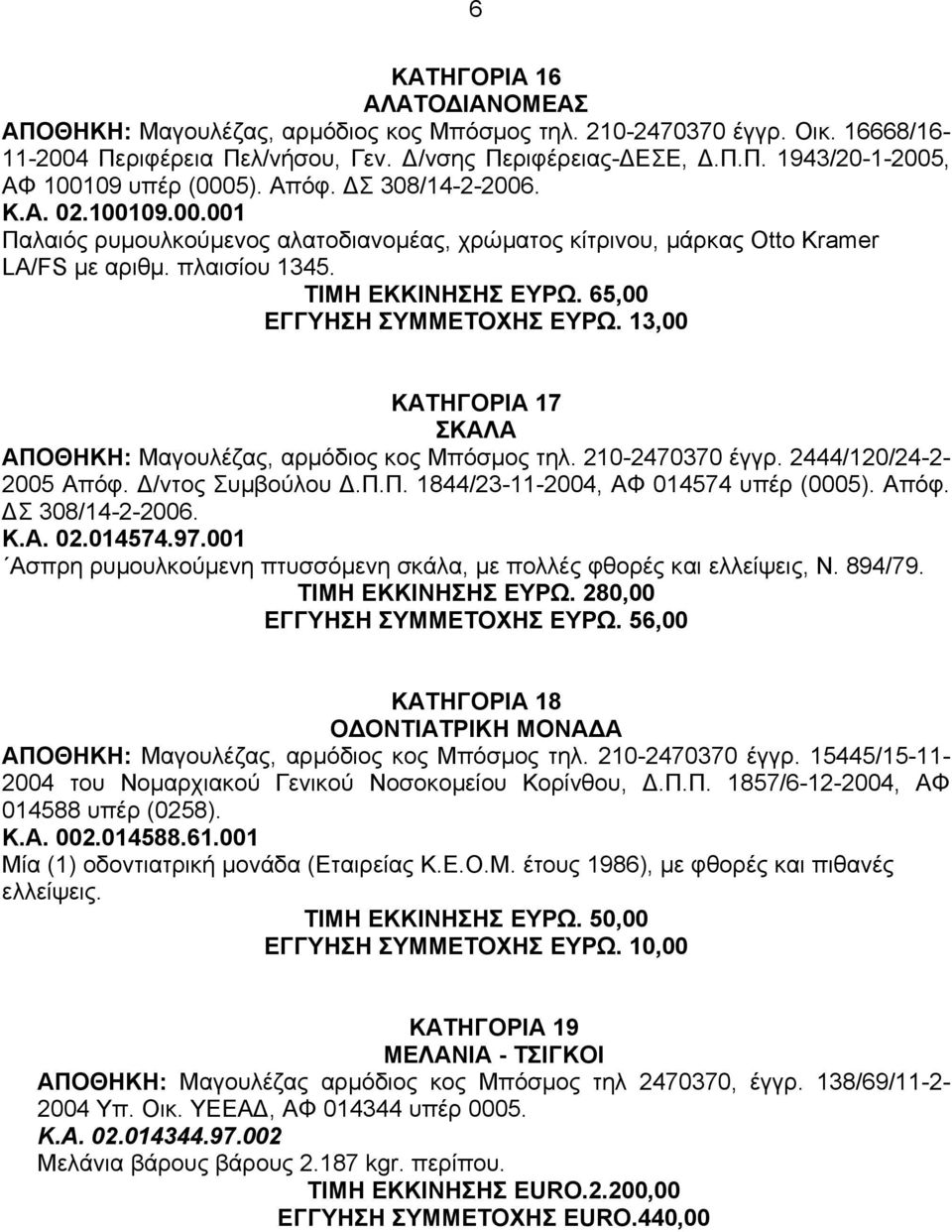 65,00 ΕΓΓΥΗΣΗ ΣΥΜΜΕΤΟΧΗΣ ΕΥΡΩ. 13,00 ΚΑΤΗΓΟΡΙΑ 17 ΣΚΑΛΑ ΑΠΟΘΗΚΗ: Μαγουλέζας, αρµόδιος κος Μπόσµος τηλ. 210-2470370 έγγρ. 2444/120/24-2- 2005 Απόφ. /ντος Συµβούλου.Π.Π. 1844/23-11-2004, ΑΦ 014574 υπέρ (0005).