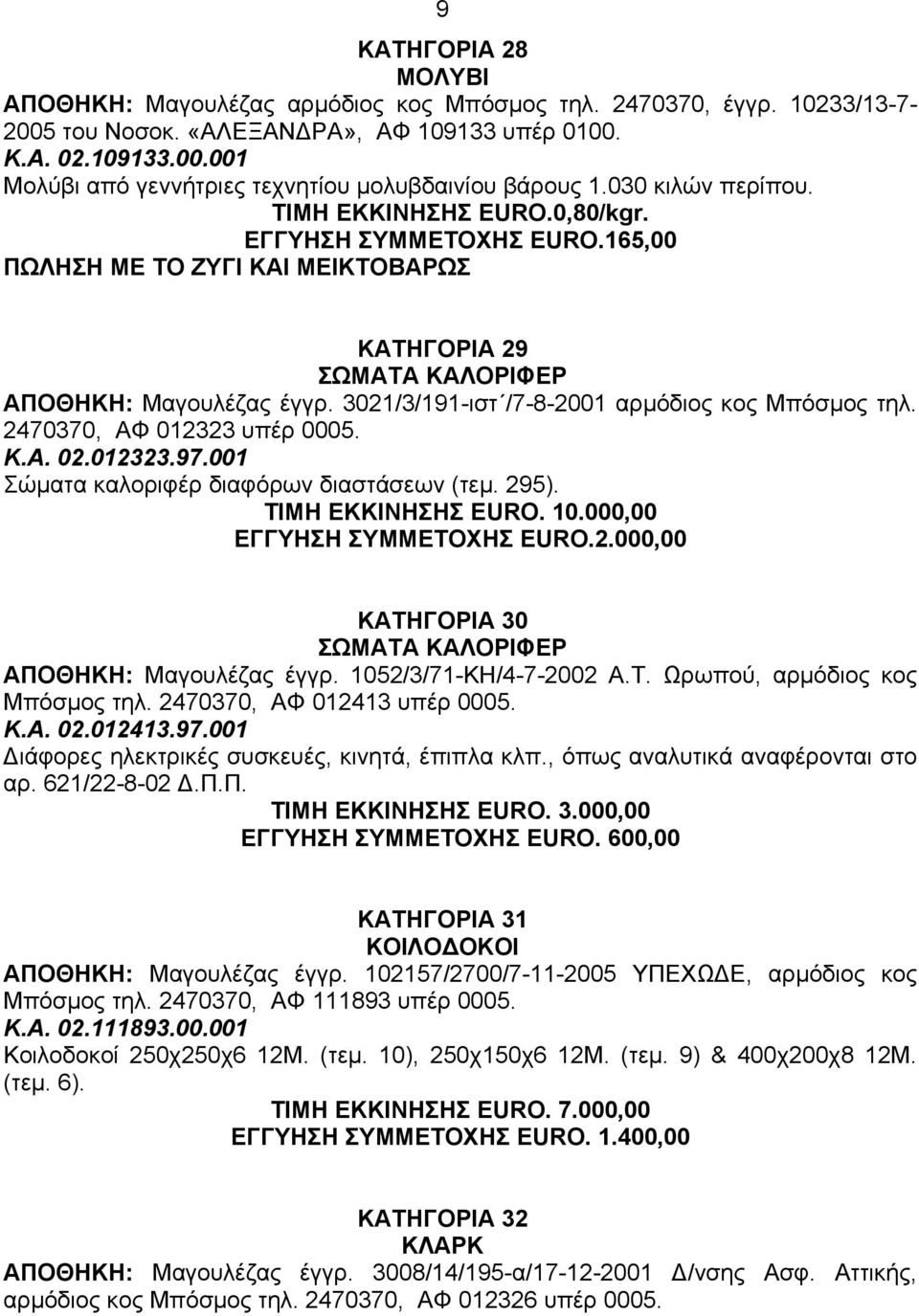 3021/3/191-ιστ /7-8-2001 αρµόδιος κος Μπόσµος τηλ. 2470370, ΑΦ 012323 υπέρ 0005. Κ.Α. 02.012323.97.001 Σώµατα καλοριφέρ διαφόρων διαστάσεων (τεµ. 295). ΤΙΜΗ ΕΚΚΙΝΗΣΗΣ EURO. 10.