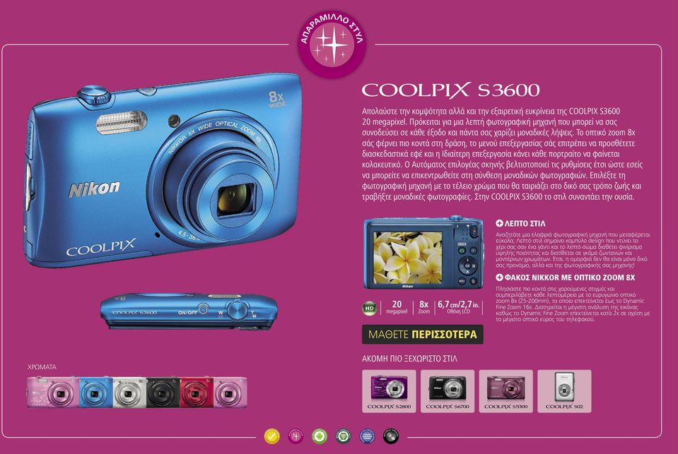 Το οπτικό zoom 8x σάς φέρνει πιο κοντά στη δράση, το μενού επεξεργασίας σάς επιτρέπει να προσθέτετε διασκεδαστικά εφέ και η Ιδιαίτερη επεξεργασία κάνει κάθε πορτραίτο να φαίνεται κολακευτικό.