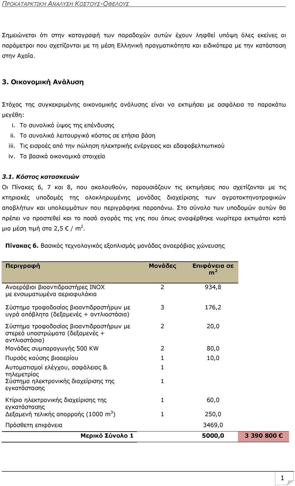 Το συνολικό λειτουργικό κόστος σε ετήσια βάση iii. Τις εισροές από την πώληση ηλεκτρικής ενέργειας και εδαφοβελτιωτικού iv. Τα βασικά οικονομικά στοιχεία 3.1.