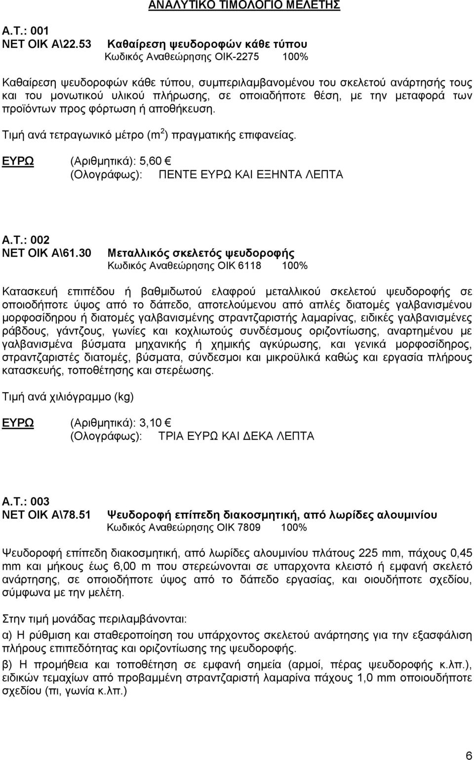 θέση, με την μεταφορά των προϊόντων προς φόρτωση ή αποθήκευση. Τιμή ανά τετραγωνικό μέτρο (m 2 ) πραγματικής επιφανείας. ΕΥΡΩ (Αριθμητικά): 5,60 (Ολογράφως): ΠΕΝΤΕ ΕΥΡΩ ΚΑΙ ΕΞΗΝΤΑ ΛΕΠΤΑ Α.Τ.: 002 ΝΕΤ ΟΙΚ Α\61.