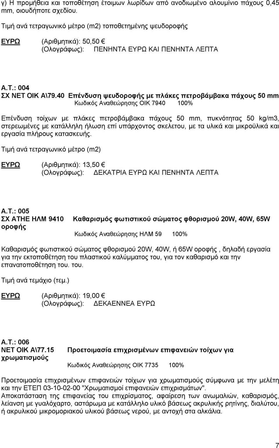 40 Επένδυση ψευδοροφής με πλάκες πετροβάμβακα πάχους 50 mm Κωδικός Αναθεώρησης ΟΙΚ 7940 100% Επένδυση τοίχων με πλάκες πετροβάμβακα πάχους 50 mm, πυκνότητας 50 kg/m3, στερεωμένες με κατάλληλη ήλωση