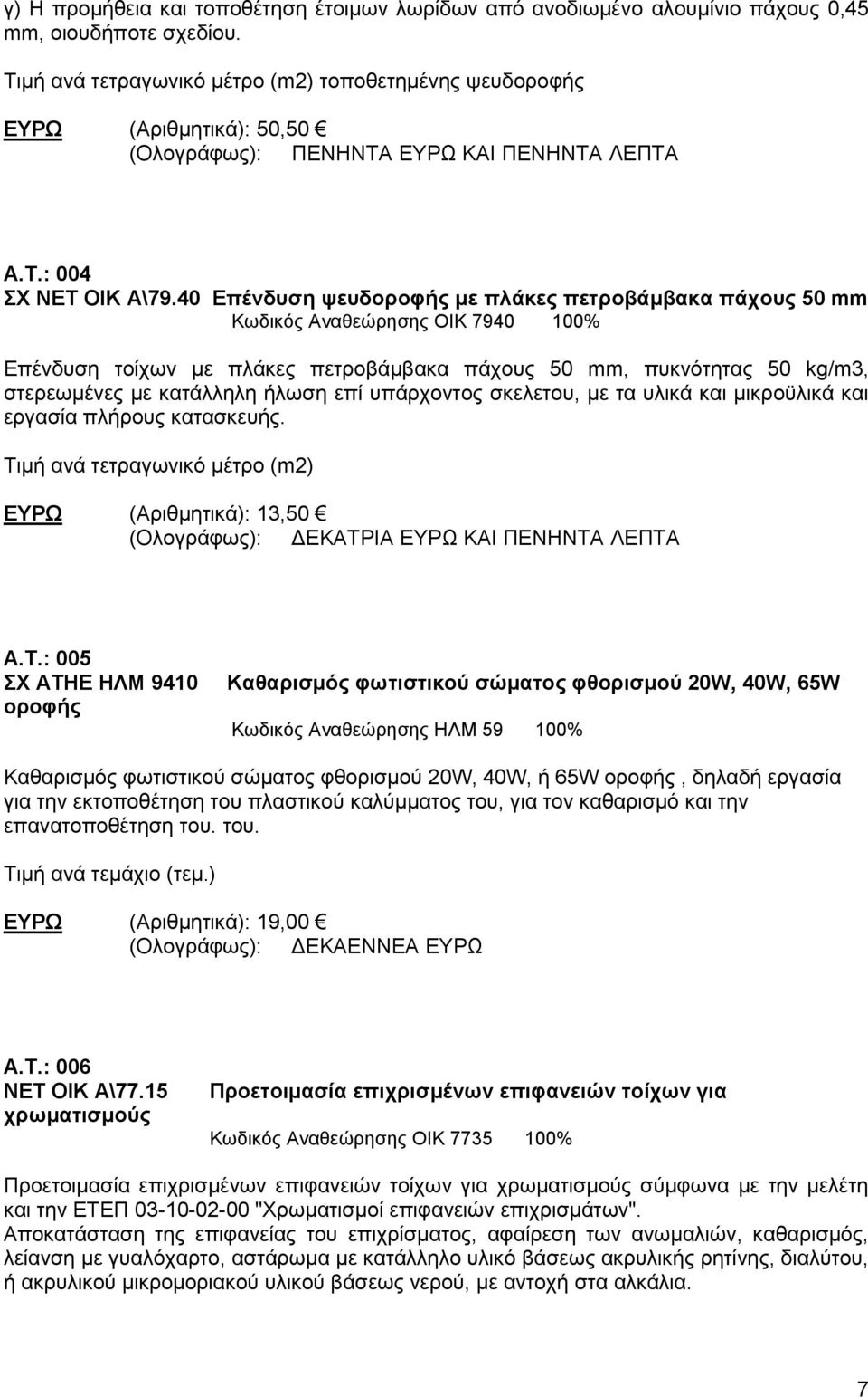 40 Επένδυση ψευδοροφής με πλάκες πετροβάμβακα πάχους 50 mm Κωδικός Αναθεώρησης ΟΙΚ 7940 100% Επένδυση τοίχων με πλάκες πετροβάμβακα πάχους 50 mm, πυκνότητας 50 kg/m3, στερεωμένες με κατάλληλη ήλωση