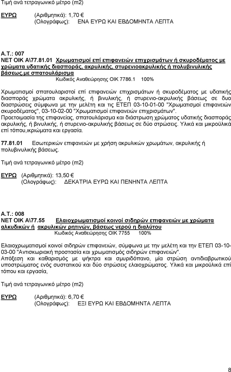 1 100% Χρωματισμοί σπατουλαριστοί επί επιφανειών επιχρισμάτων ή σκυροδέματος με υδατικής διασποράς χρώματα ακρυλικής, ή βινυλικής, ή στυρενιο-ακρυλικής βάσεως σε δυο διαστρώσεις σύμφωνα με την μελέτη