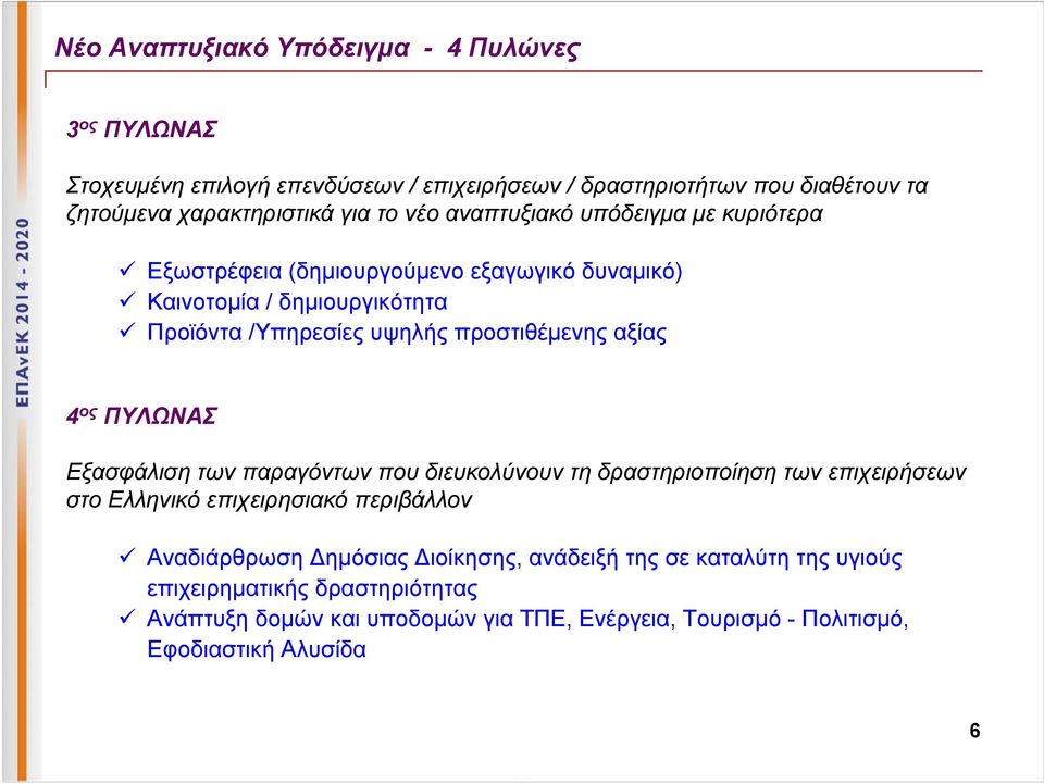 αξίας 4 ος ΠΥΛΩΝΑΣ Εξασφάλιση των παραγόντων που διευκολύνουν τη δραστηριοποίηση των επιχειρήσεων στο Ελληνικό επιχειρησιακό περιβάλλον Αναδιάρθρωση Δημόσιας