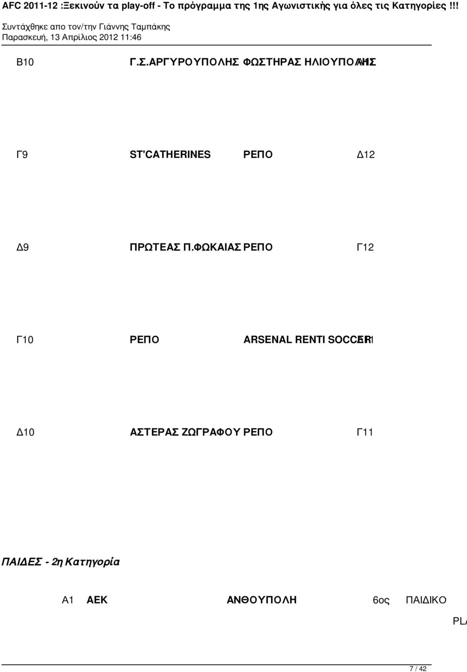 ΑΡΓΥΡΟΥΠΟΛΗΣ ΦΩΣΤΗΡΑΣ ΗΛΙΟΥΠΟΛΗΣ Α11 Γ9 ST'CATHERINES ΡΕΠΟ Δ12 Δ9 ΠΡΩΤΕΑΣ Π.