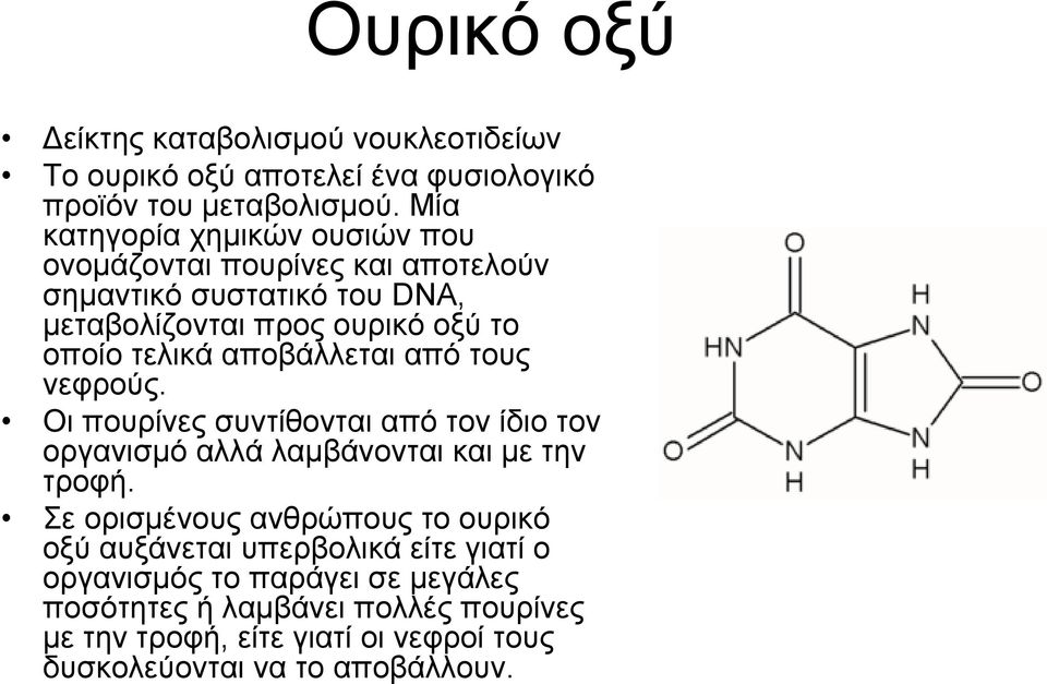 αποβάλλεται από τους νεφρούς. Οι πουρίνες συντίθονται από τον ίδιο τον οργανισμό αλλά λαμβάνονται και με την τροφή.