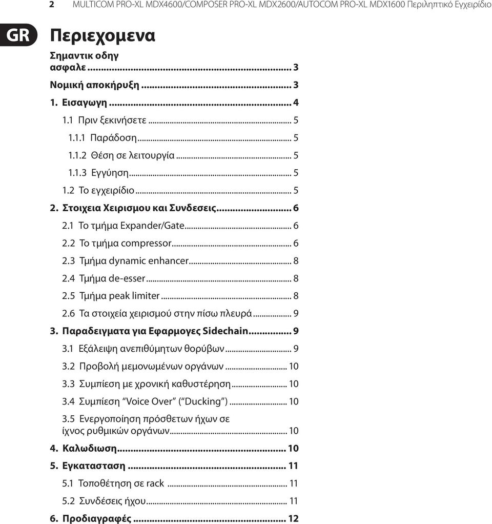 .. 8 2.4 Τμήμα de-esser... 8 2.5 Τμήμα peak limiter... 8 2.6 Τα στοιχεία χειρισμού στην πίσω πλευρά... 9 3. Παραδειγματα για Εφαρμογες Sidechain... 9 3.1 Εξάλειψη ανεπιθύμητων θορύβων... 9 3.2 Προβολή μεμονωμένων οργάνων.