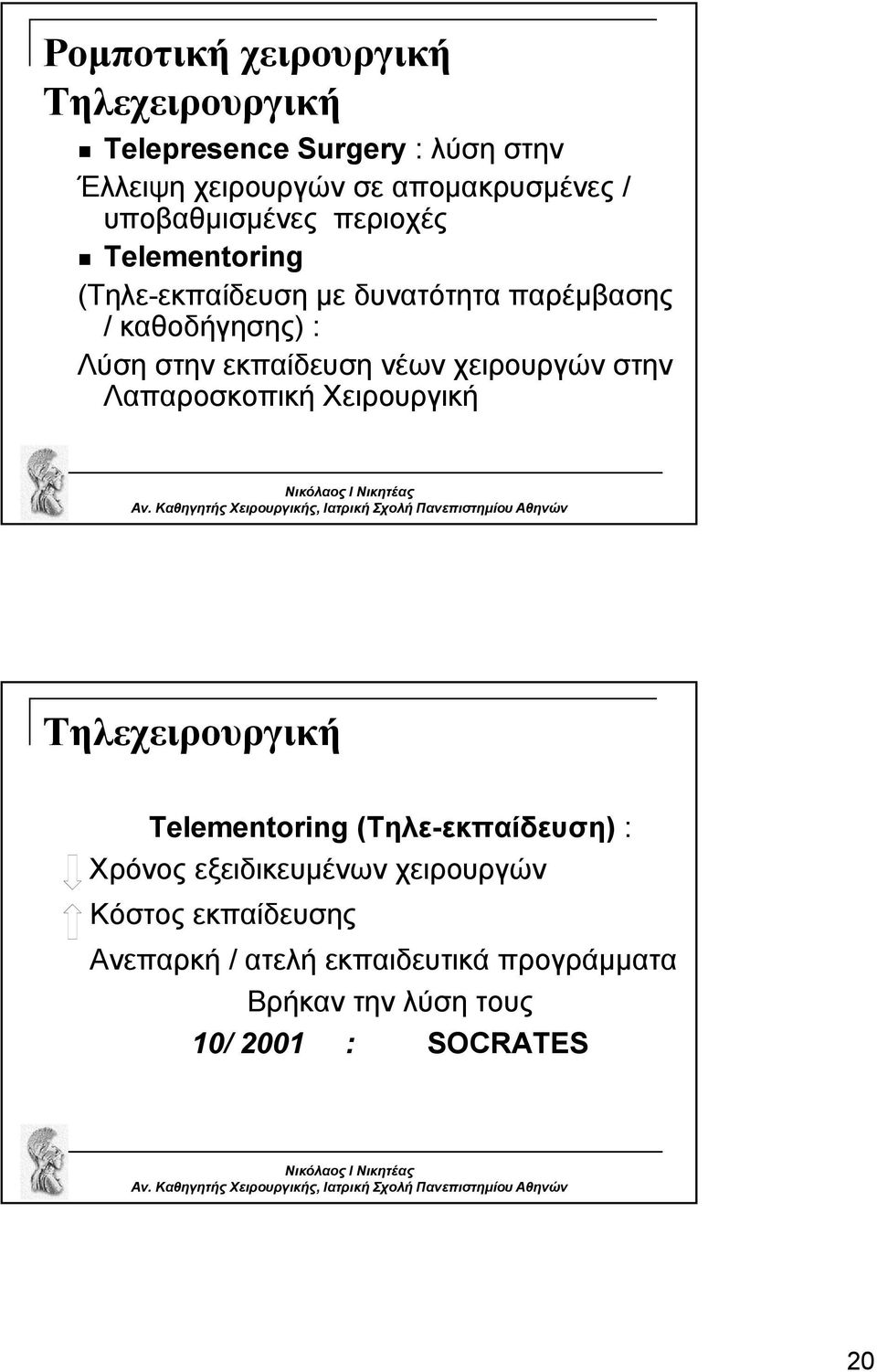 εκπαίδευση νέων χειρουργών στην Λαπαροσκοπική Χειρουργική Τηλεχειρουργική Telementoring (Τηλε-εκπαίδευση) : Χρόνος