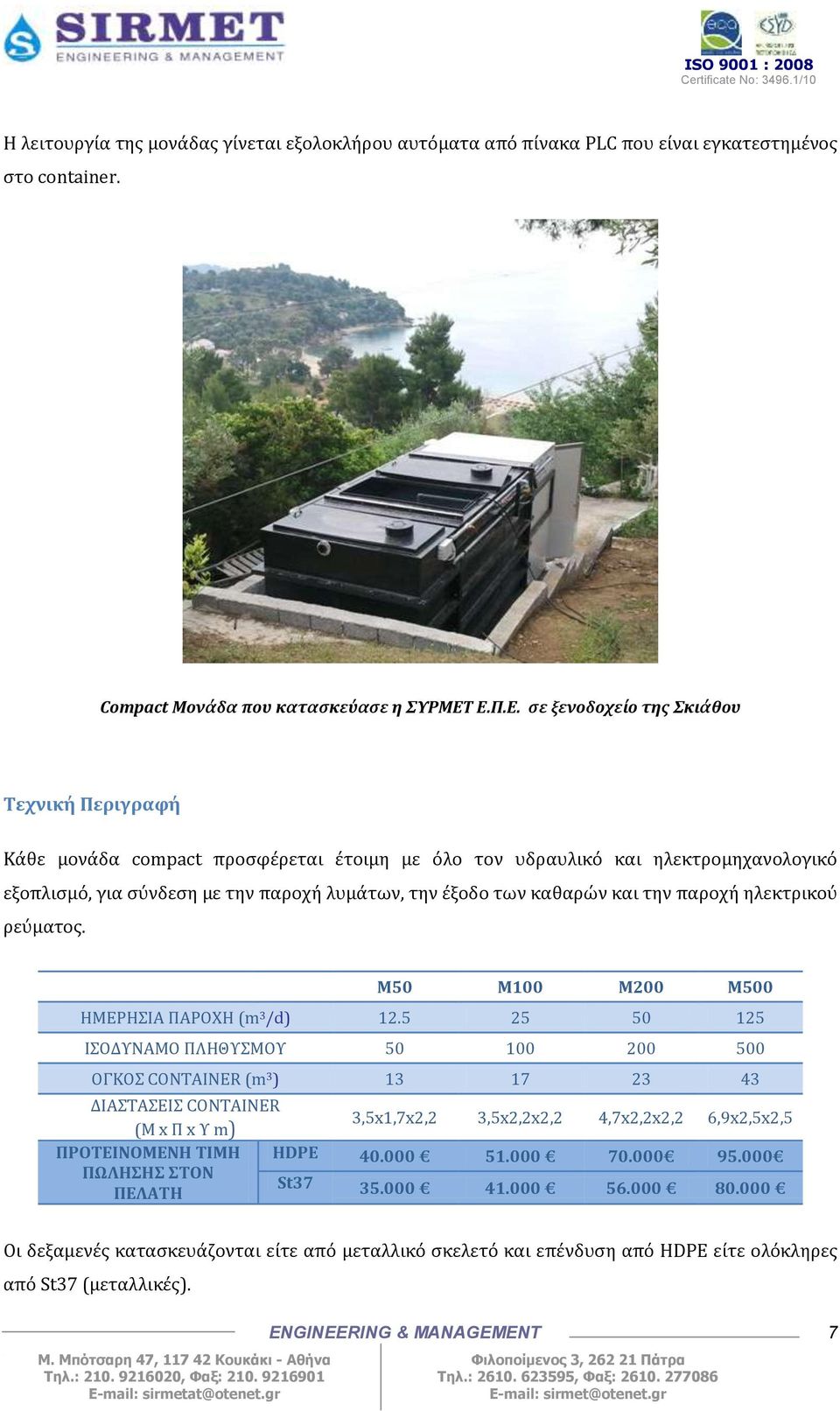 καθαρών και την παροχή ηλεκτρικού ρεύματος. M50 M100 M200 Μ500 ΗΜΕΡΗΣΙΑ ΠΑΡΟΧΗ (m 3 /d) 12.