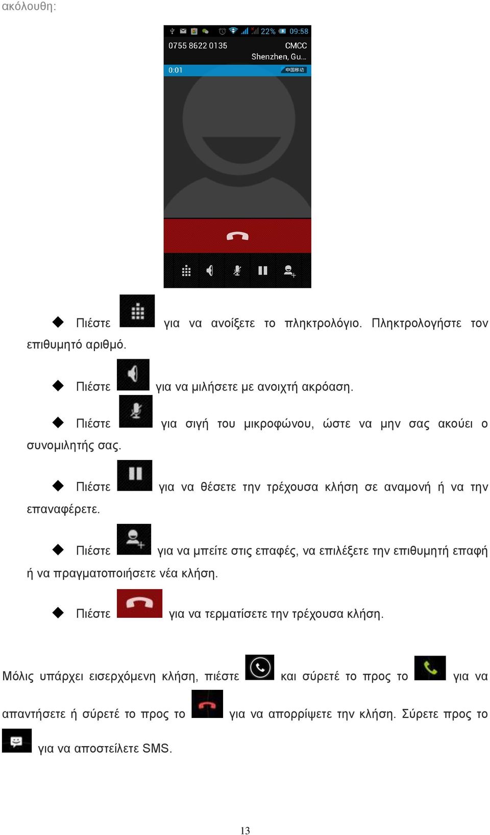 για να θέσετε την τρέχουσα κλήση σε αναμονή ή να την Πιέστε ή να πραγματοποιήσετε νέα κλήση.
